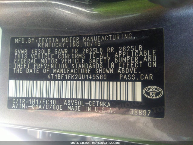 2016 TOYOTA CAMRY XLE/SE/LE/XSE VIN: 4T1BF1FK2GU149580