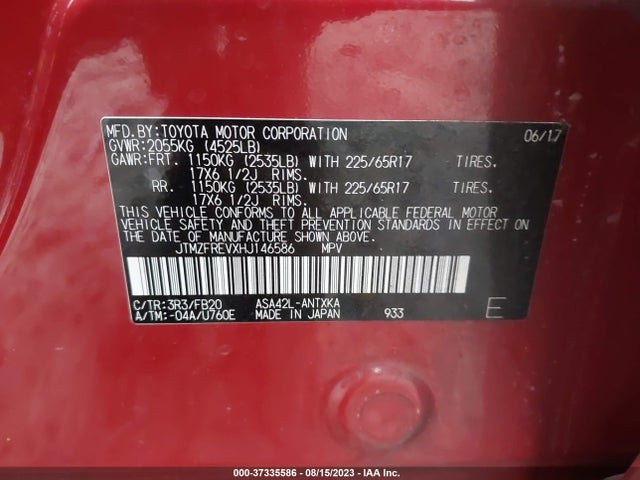 2017 TOYOTA RAV4 LE VIN: JTMZFREVXHJ146586