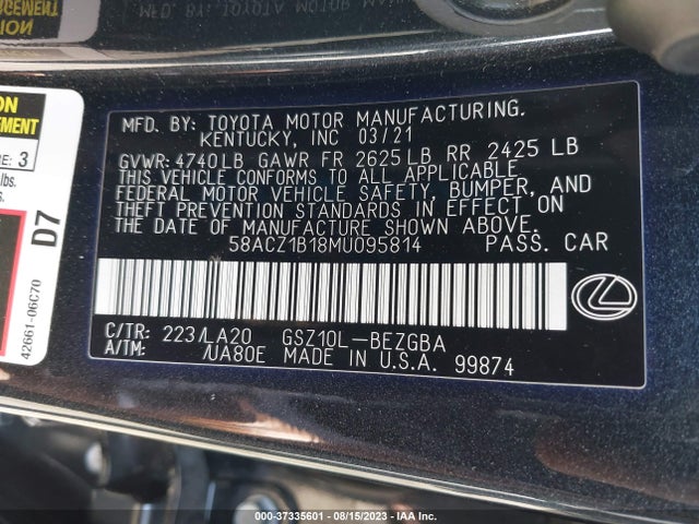 2021 Lexus ES, VIN: 58ACZ1B18MU095814