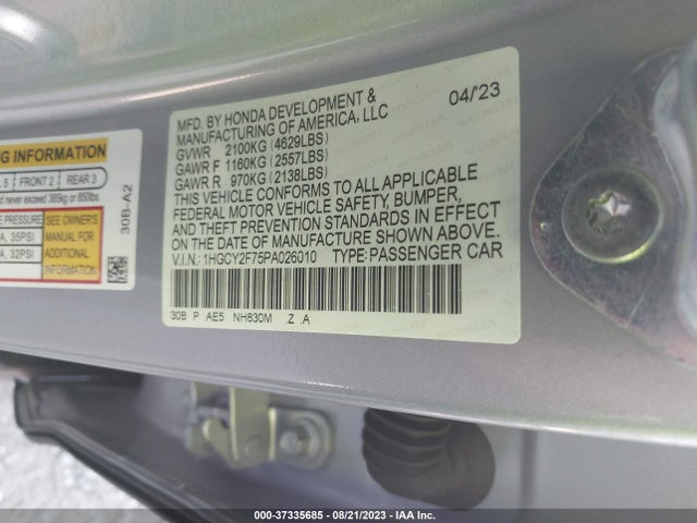 2023 HONDA ACCORD HYBRID SPORT-L VIN: 1HGCY2F75PA026010