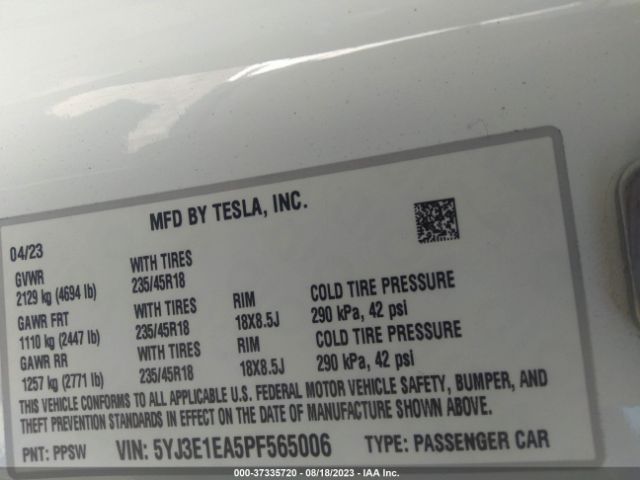 5YJ3E1EA5PF565006 Tesla MODEL 3