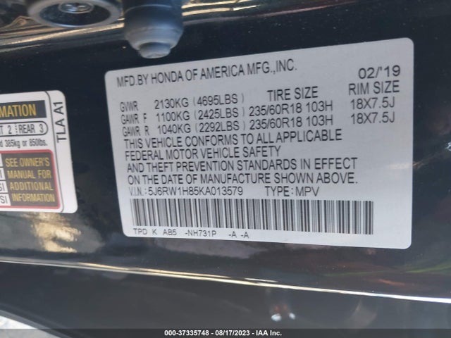 Honda Cr-v Ex-l 2019 5J6RW1H85KA013579 Image 9