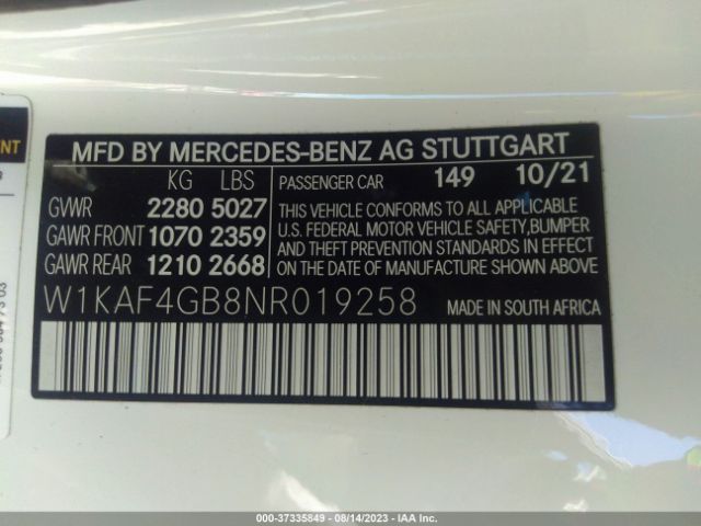 W1KAF4GB8NR019258 Mercedes-Benz C-class C 300