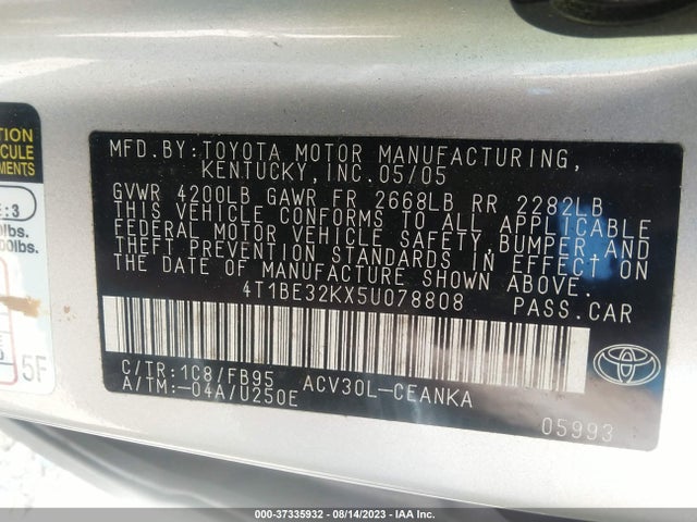 2005 TOYOTA CAMRY STD/LE/SE/XLE VIN: 4T1BE32KX5U078808