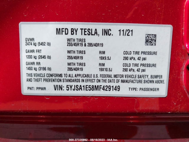 Tesla Model S Long Range 2021 5YJSA1E58MF429149 Image 9