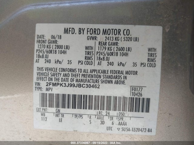 2018 FORD EDGE SEL VIN: 2FMPK3J99JBC30462