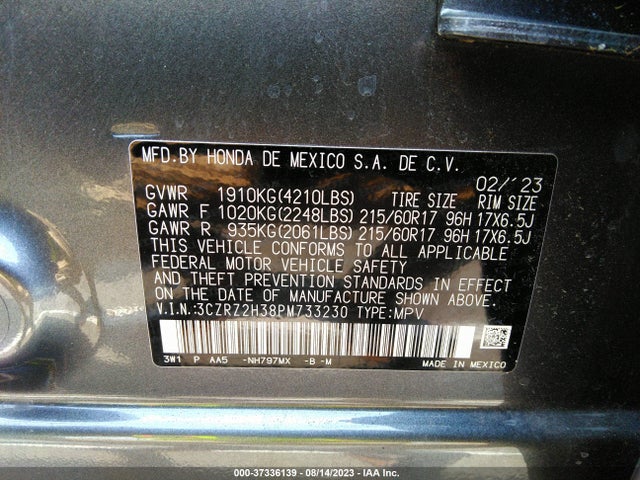 2023 HONDA HR-V AWD LX VIN: 3CZRZ2H38PM733230
