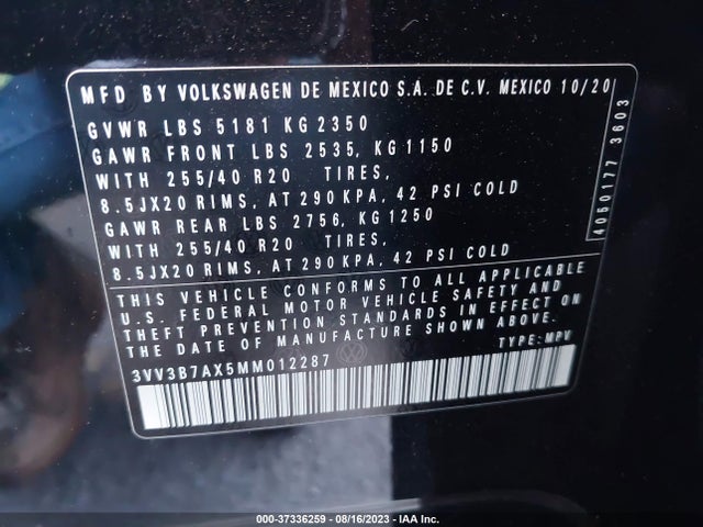 3VV3B7AX5MM012287 Volkswagen Tiguan Se/se R-line Black/sel
