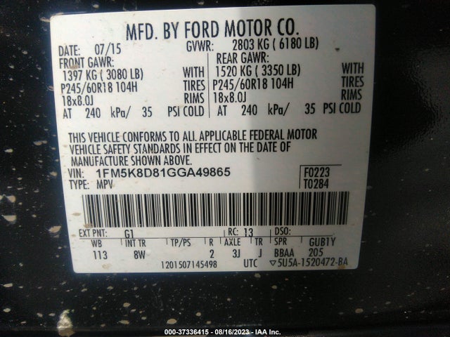 2016 FORD EXPLORER XLT VIN: 1FM5K8D81GGA49865