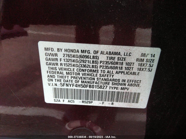 Honda Pilot Ex-l 2015 5FNYF4H50FB015827 Image 9