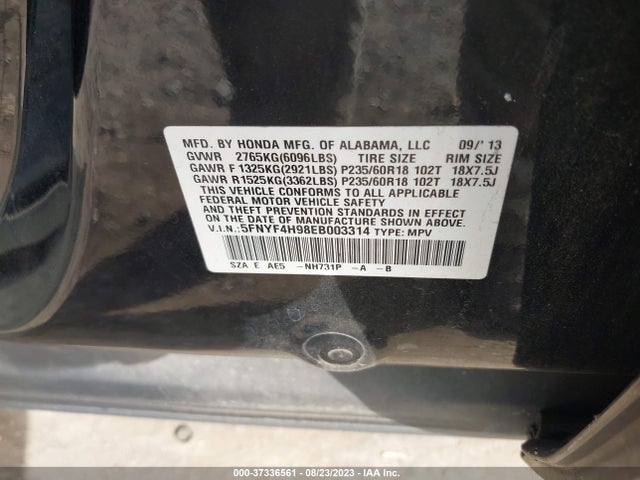 Honda Pilot Touring 2014 5FNYF4H98EB003314 Image 9