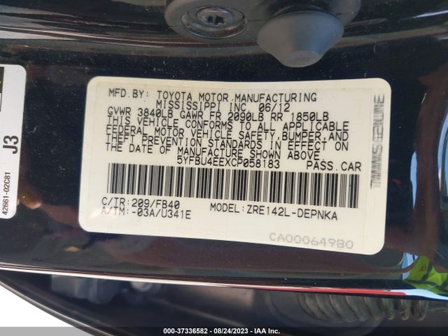 2012 TOYOTA COROLLA L/LE/S VIN: 5YFBU4EEXCP058183
