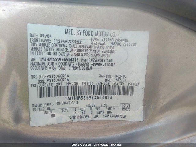 2005 MERCURY SABLE LS VIN: 1MEHM55S95A614818