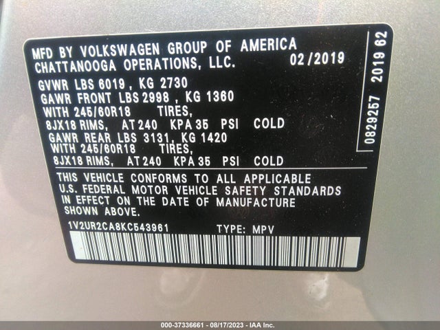 1V2UR2CA8KC543961 Volkswagen Atlas 3.6l V6 Se W/technology