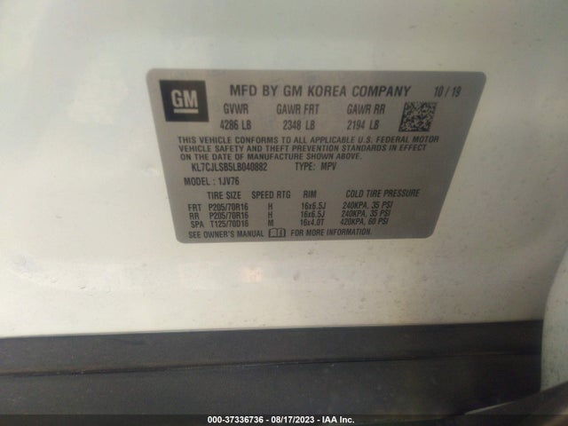 Chevrolet Trax Lt 2020 KL7CJLSB5LB040882 Image 9