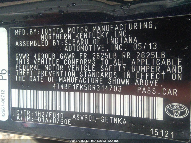 37336843 :رقم المزاد ، 4T4BF1FK5DR314703 vin ، 2013 Toyota Camry L/le/se/xle مزاد بيع