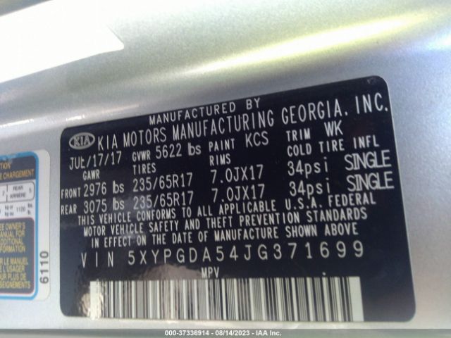 5XYPGDA54JG371699 KIA Sorento Lx V6