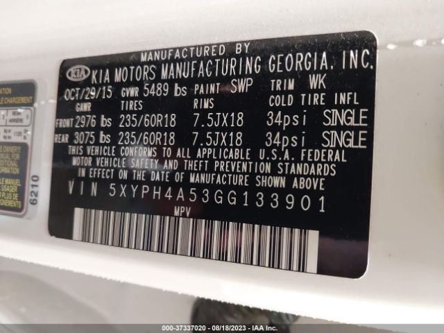 5XYPH4A53GG133901 KIA SORENTO EX