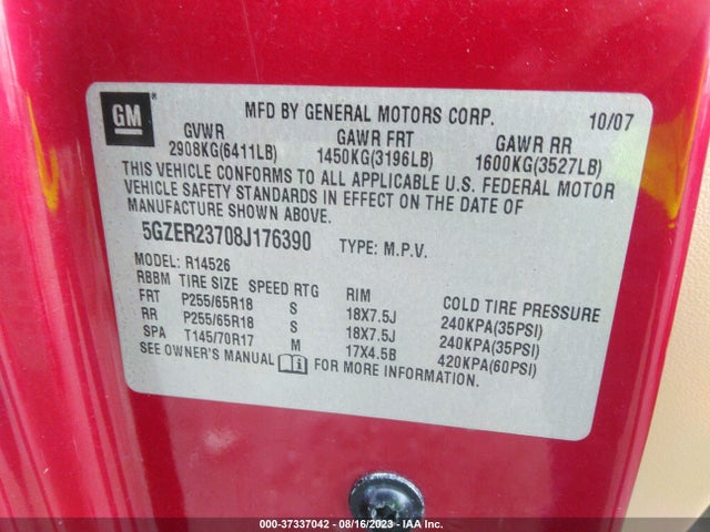 2008 SATURN OUTLOOK XR VIN: 5GZER23708J176390