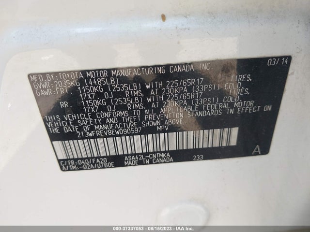 2014 TOYOTA RAV4 XLE VIN: 2T3WFREV8EW090597