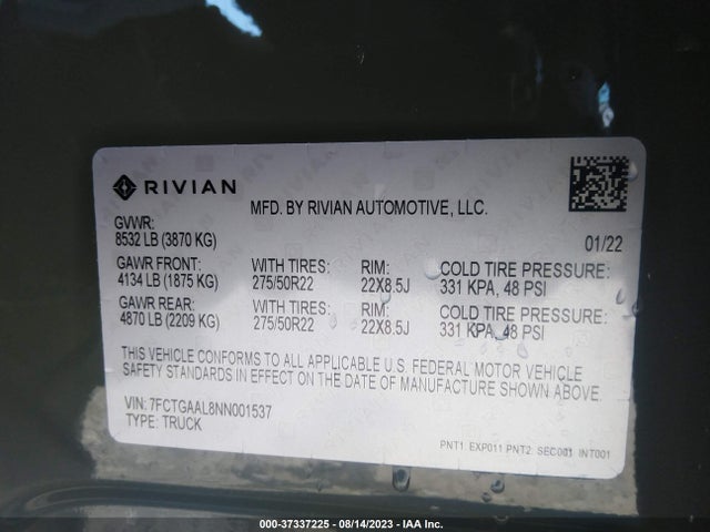 Rivian R1t Launch Edition 2022 7FCTGAAL8NN001537 Image 17