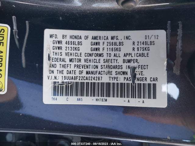 2012 ACURA TL AUTO VIN: 19UUA8F22CA024287