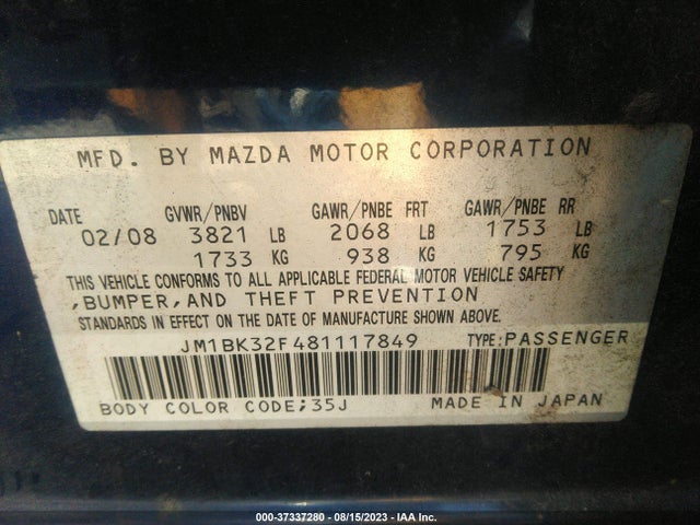 2008 MAZDA MAZDA3 I TOURING VALUE VIN: JM1BK32F481117849