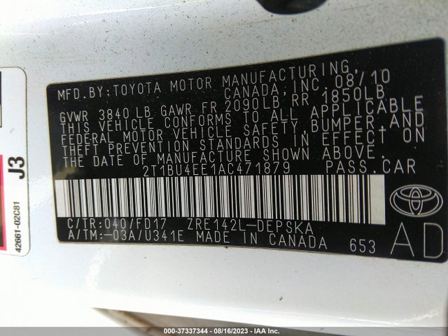 2010 TOYOTA COROLLA VIN: 2T1BU4EE1AC471879