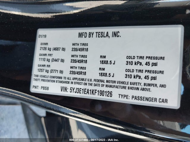 Tesla Model 3 Range 2019 5YJ3E1EA1KF190126 Image 8