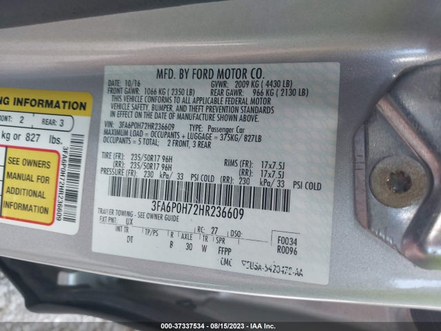 Ford FUSION SE 2017 3FA6P0872HR236609 Image 10