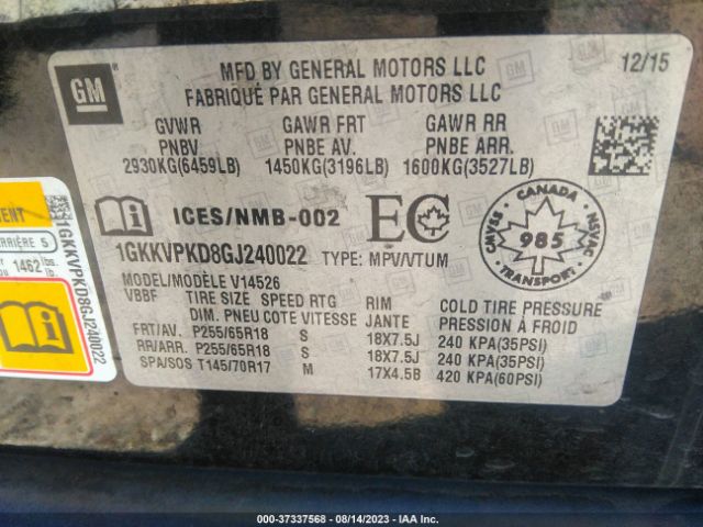 1GKKVPKD8GJ240022 GMC ACADIA SLE