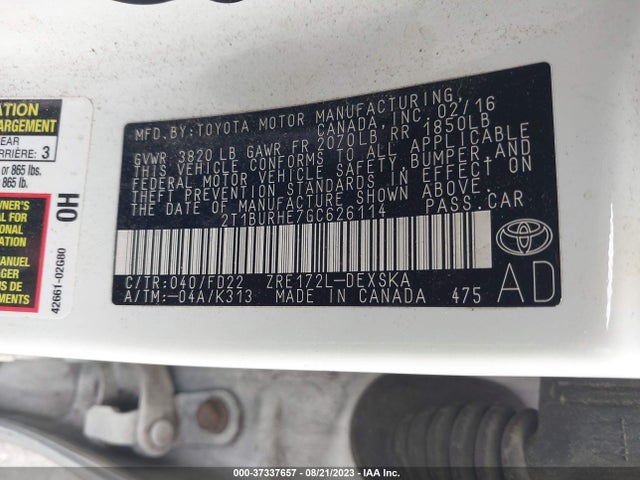 2016 TOYOTA COROLLA L/LE/S/S PLUS/LE PLUS VIN: 2T1BURHE7GC626114