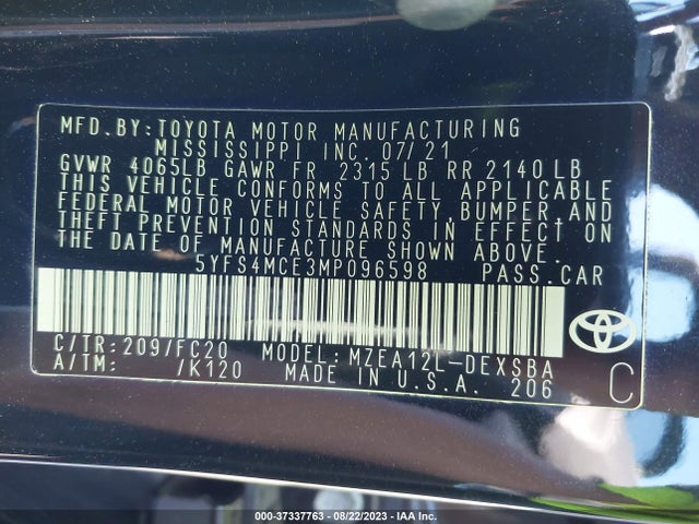 Toyota Corolla Se/nightshade/apex Se 2021 5YFS4MCE3MP096598 Image 16