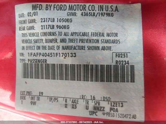 2001 FORD MUSTANG STANDARD/DELUXE/PREMIUM VIN: 1FAFP40451F170133
