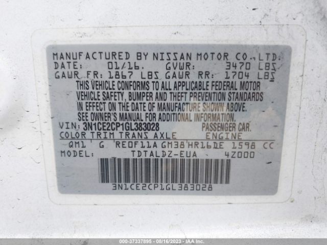 3N1CE2CP1GL383028 Nissan Versa Note S/s Plus/sv/sr/sl