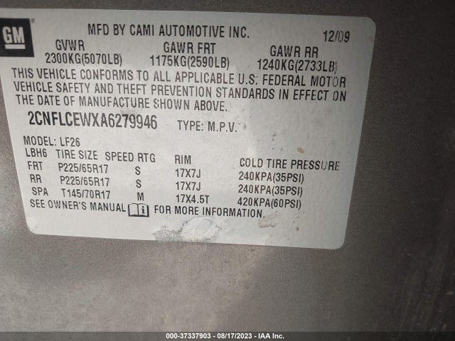 2010 CHEVROLET EQUINOX LS VIN: 2CNFLCEWXA6279946