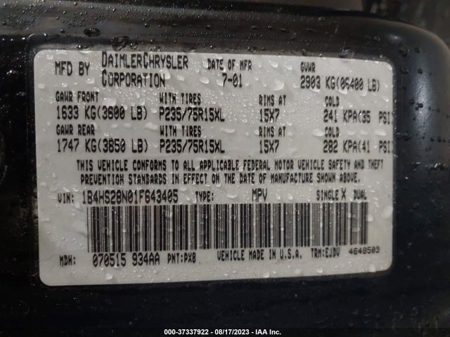 2001 DODGE DURANGO VIN: 1B4HS28N01F643405