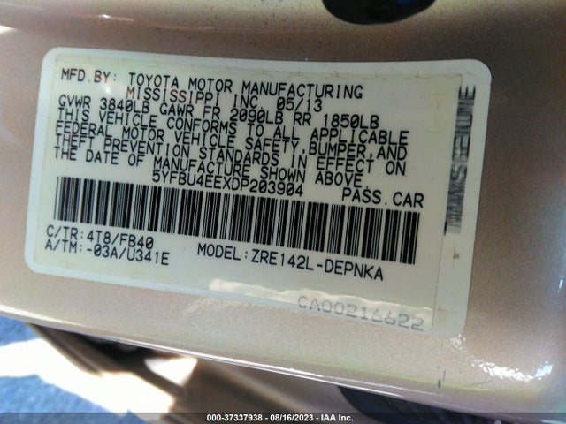 2013 TOYOTA COROLLA L/LE/S VIN: 5YFBU4EEXDP203904