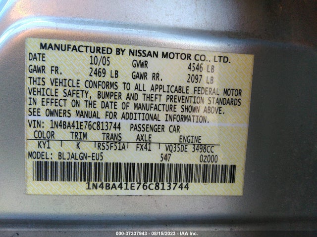 2006 NISSAN MAXIMA 3.5 SL VIN: 1N4BA41E76C813744