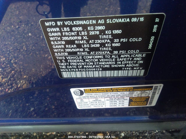 2016 Volkswagen Touareg, VIN: WVGEP9BP3GD006129