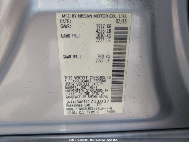 2018 NISSAN ALTIMA 2.5 SV VIN: 1N4AL3AP4JC211037