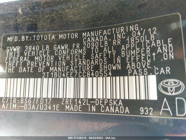 2012 TOYOTA COROLLA L/LE/S VIN: 2T1BU4EE7CC840554
