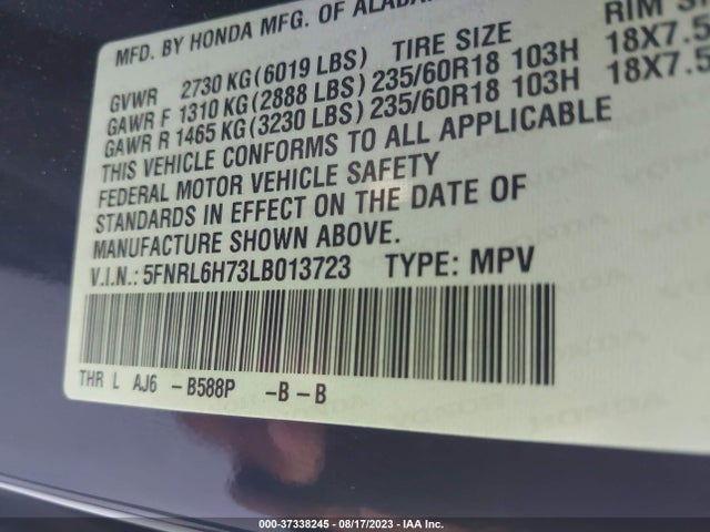 2020 HONDA ODYSSEY EX-L VIN: 5FNRL6H73LB013723