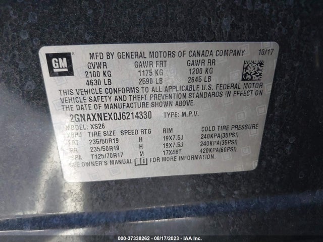 2018 CHEVROLET EQUINOX PREMIER VIN: 2GNAXNEX0J6214330