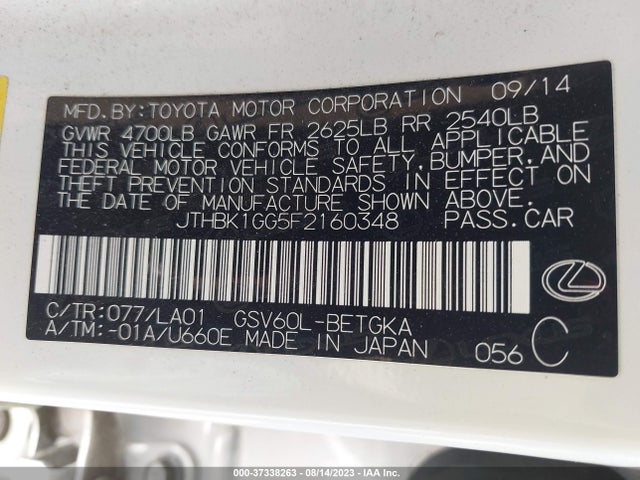 JTHBK1GG5F2160348 Lexus ES 350