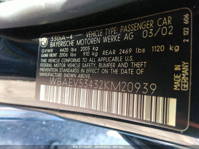 2002 BMW 3 SERIES 330I VIN: WBAEV53432KM20939
