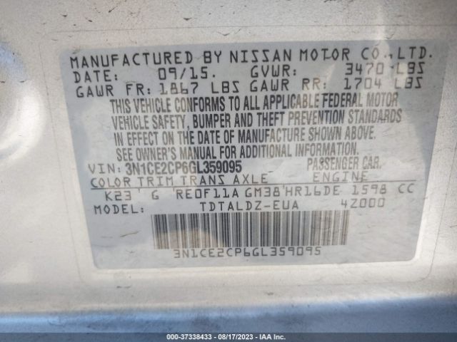3N1CE2CP6GL359095 Nissan Versa Note S/s Plus/sv/sr/sl