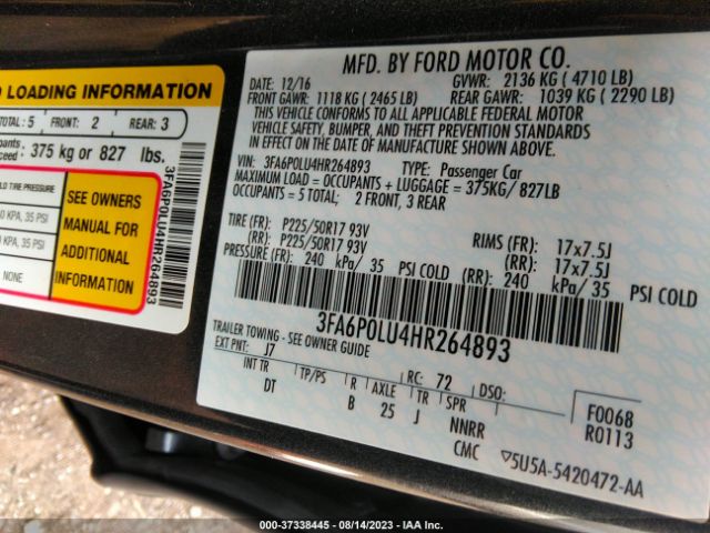 3FA6P0LU4HR264893 Ford Fusion Hybrid Se