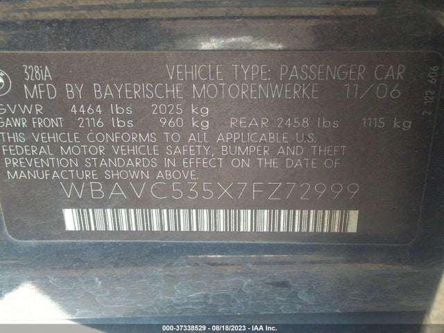 2007 BMW 3 SERIES 328I VIN: WBAVC535X7FZ72999