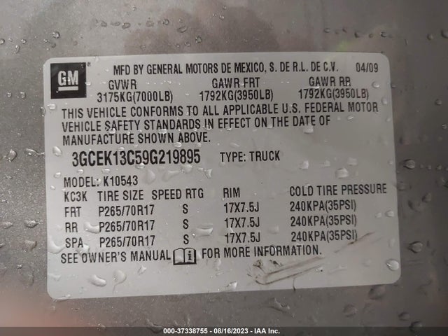 2009 CHEVROLET SILVERADO 1500 WORK TRUCK VIN: 3GCEK13C59G219895